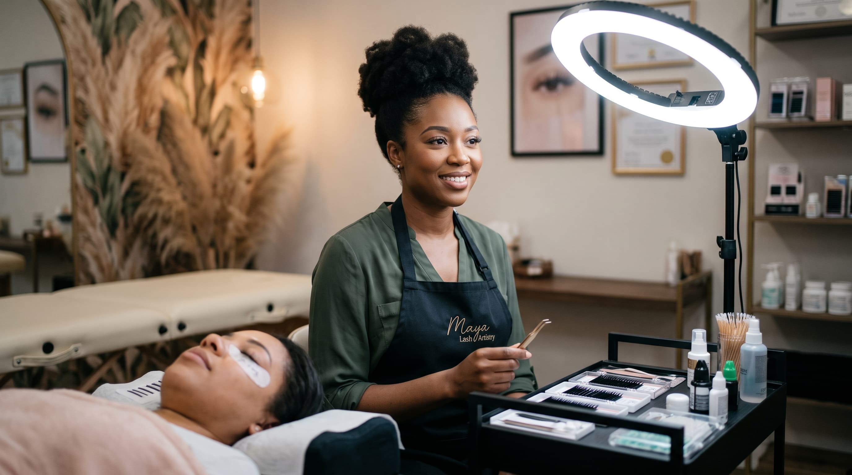 Maya Johnson in her lash studio with a client