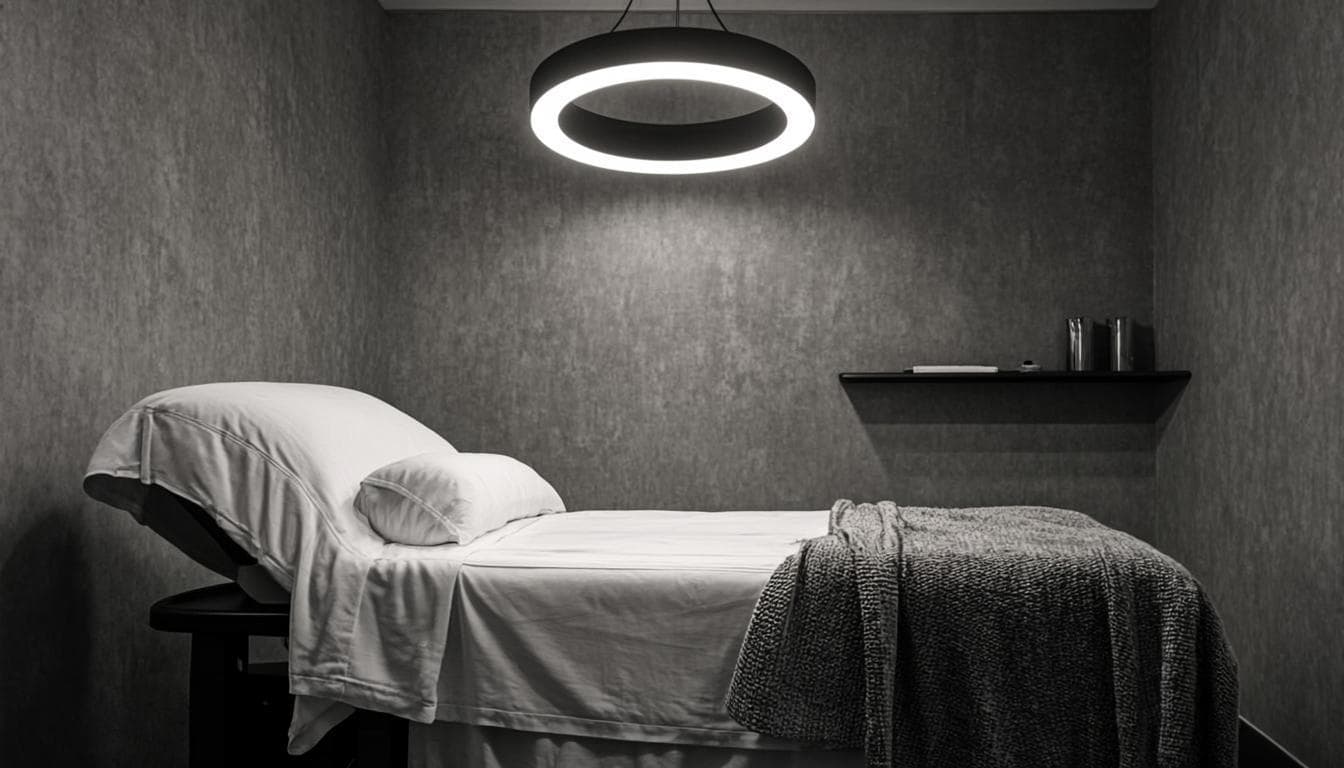 Minimalist black lash studio interior with ring light and treatment bed